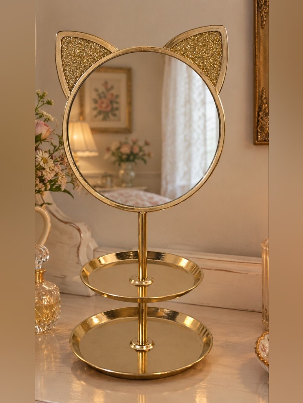Claire's Gold Glitter Cat Ear Vanity Mirror 2-Tier Jewelry Tray Y2K Aesthetic